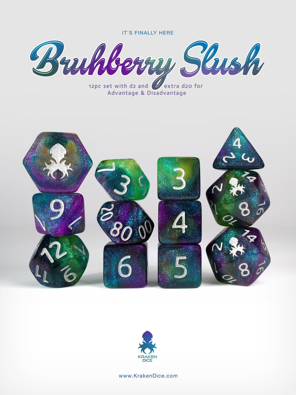 Kraken's Bruhberry Slush Rock Candy 12pc Dice Set With Silver Ink